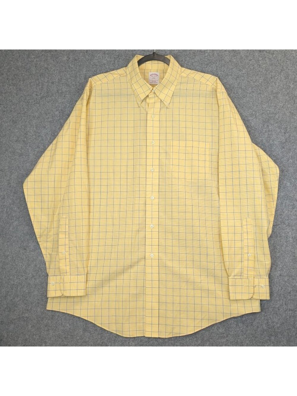 Brooks Brothers Mens Dress Shirt 16.5 34/35 Yellow Blue Check Non Iron Cotton